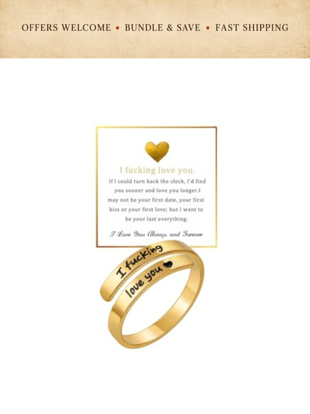 Stainless Steel I Love You Promise Ring Adjustable Heart Engraved Gift